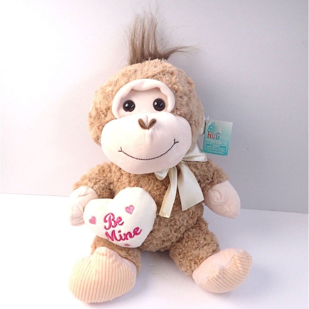 HugMe Monkey Stuffed Animal Be Mine Heart Brown Corduroy Feet 11.5 in